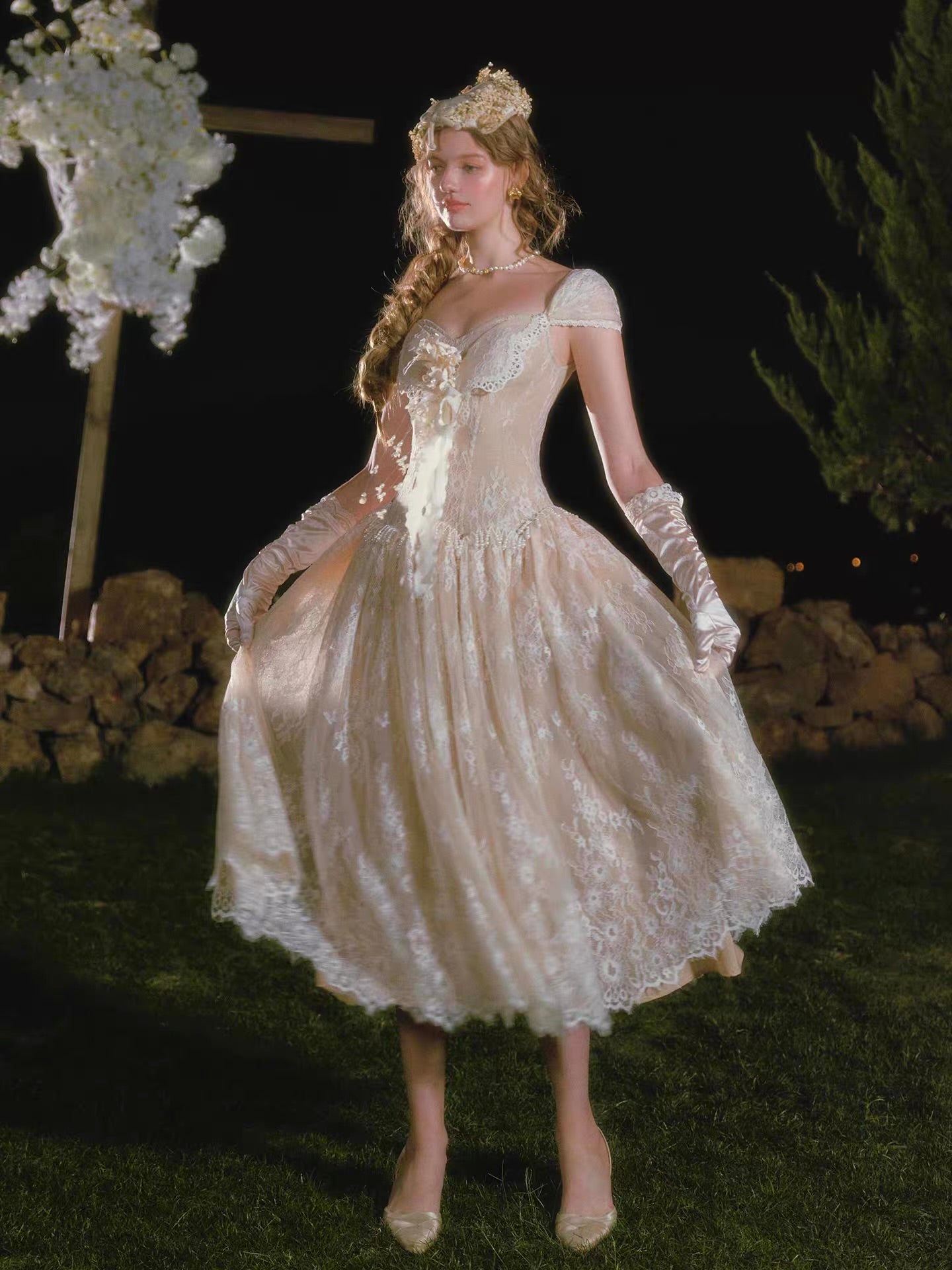 'Madame Papillon' — ivory lace corset midi dress, sweetheart neckline with detachable cap sleeves & pearl-trimmed dropped waist | ÀMonBelAmour
