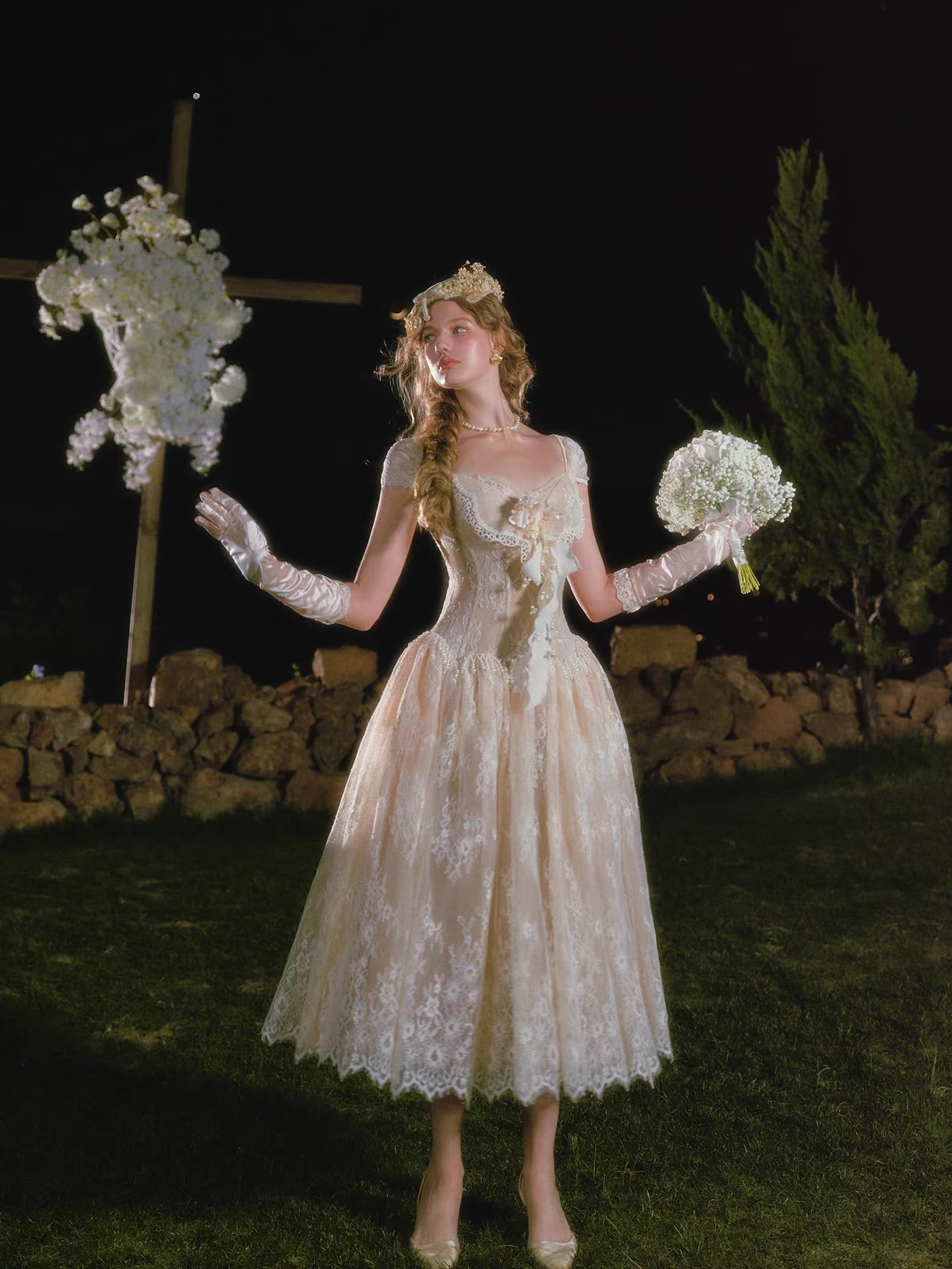 'Madame Papillon' — ivory lace corset midi dress, sweetheart neckline with detachable cap sleeves & pearl-trimmed dropped waist | ÀMonBelAmour