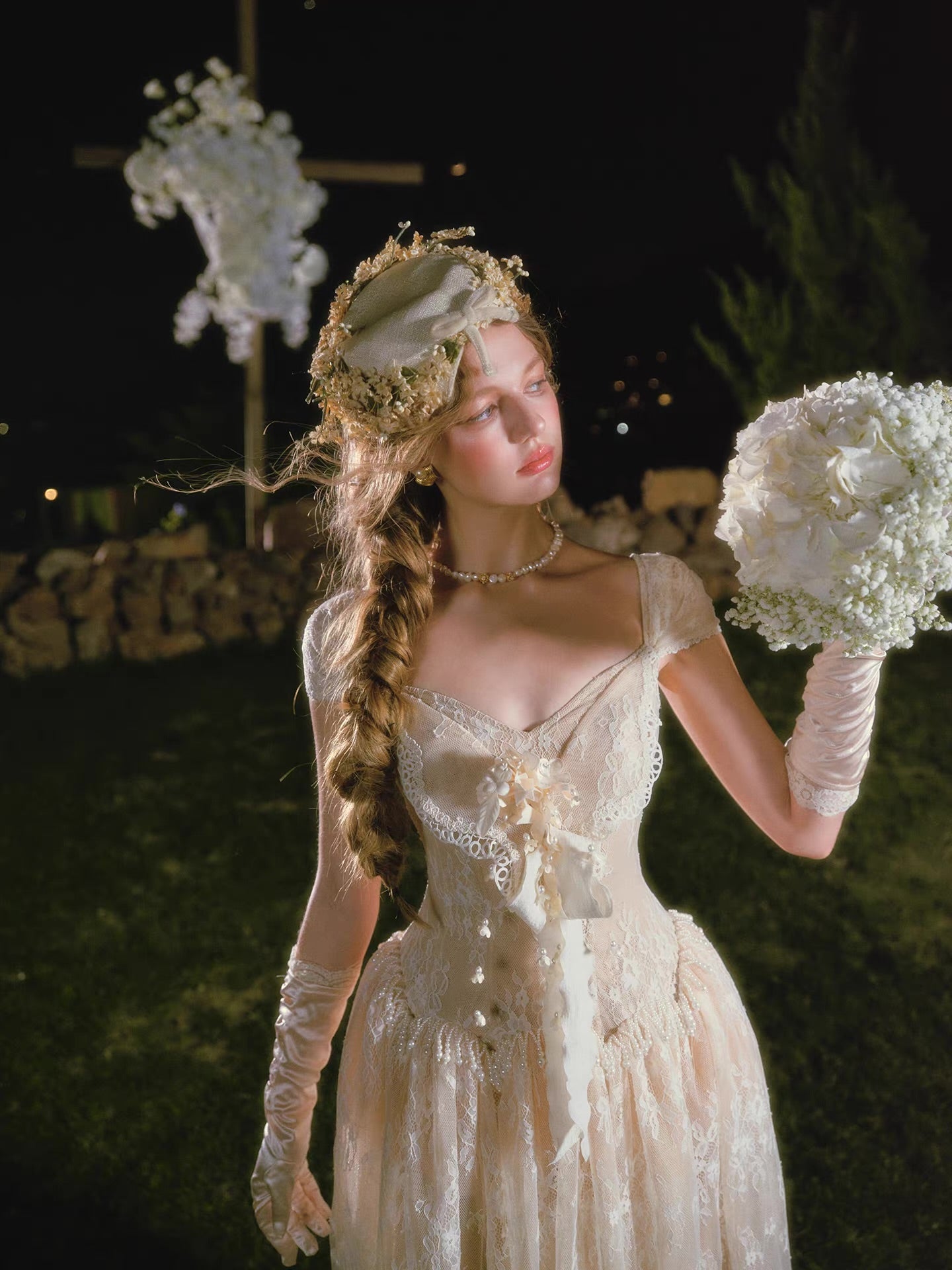 'Madame Papillon' — ivory lace corset midi dress, sweetheart neckline with detachable cap sleeves & pearl-trimmed dropped waist | ÀMonBelAmour