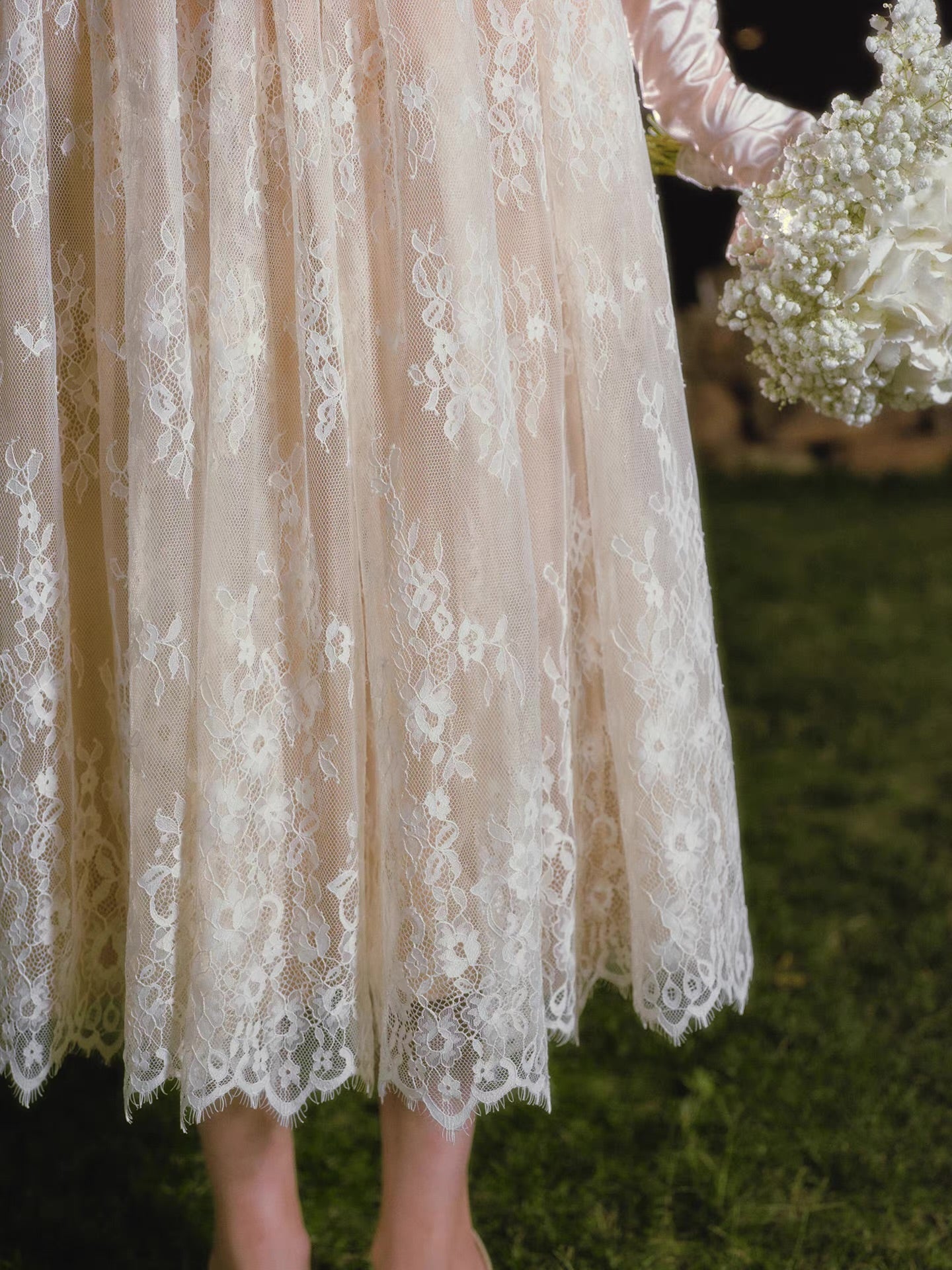'Madame Papillon' — ivory lace corset midi dress, sweetheart neckline with detachable cap sleeves & pearl-trimmed dropped waist | ÀMonBelAmour