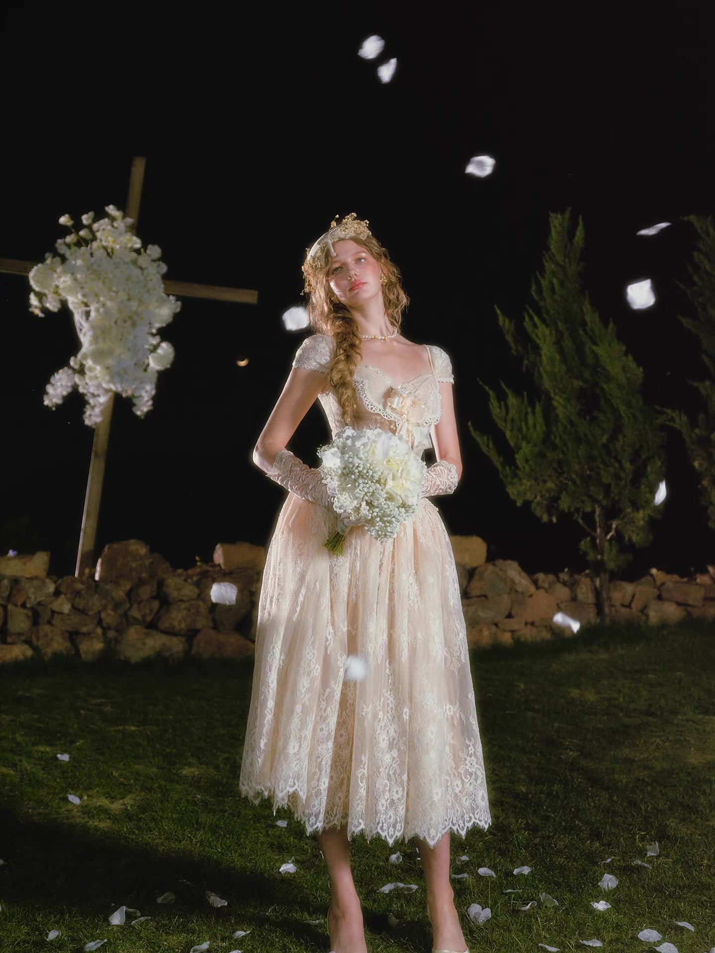 'Madame Papillon' — ivory lace corset midi dress, sweetheart neckline with detachable cap sleeves & pearl-trimmed dropped waist | ÀMonBelAmour