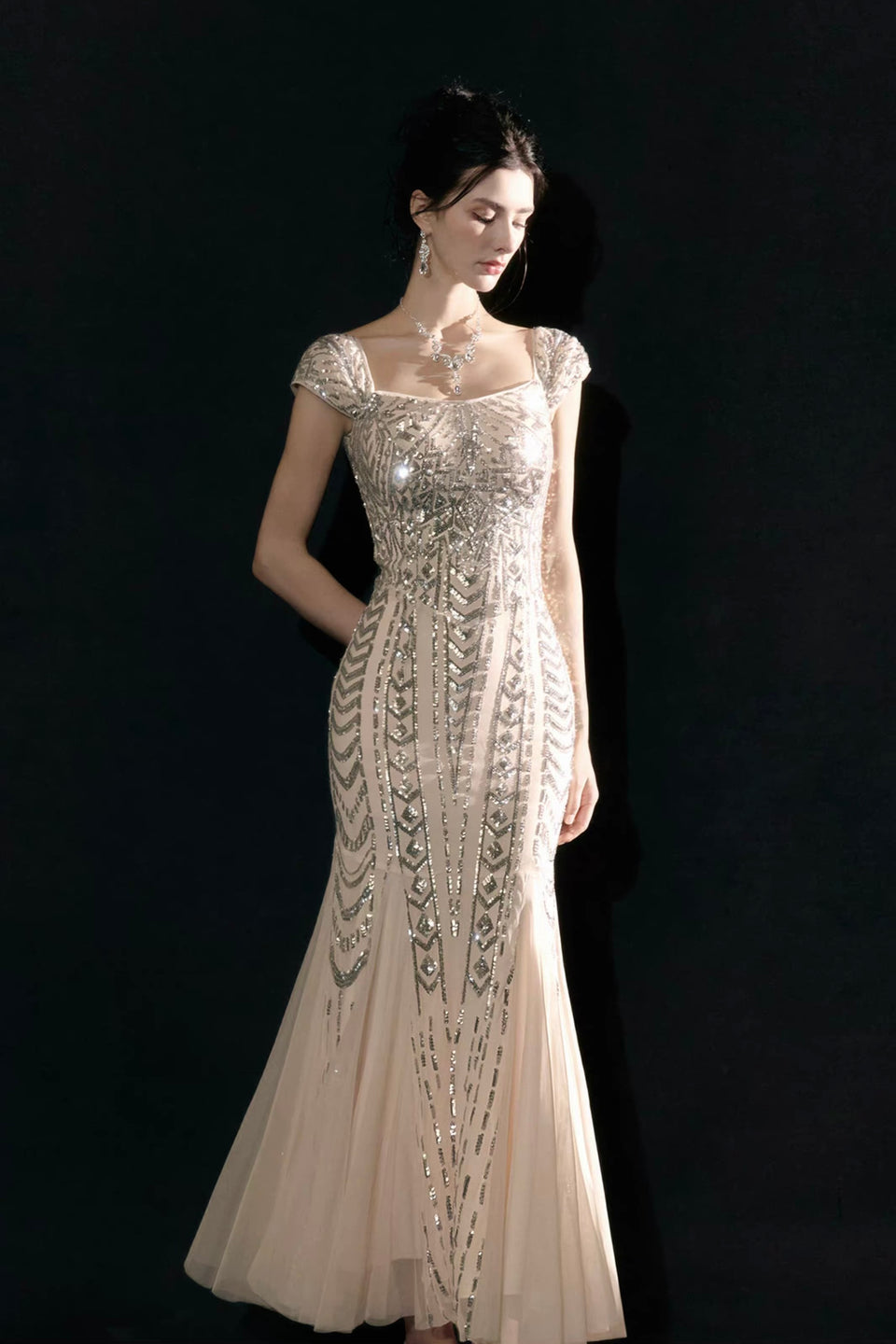 'Moonlit Mermaid' — champagne beaded mermaid gown, Art Deco sequin bodice with tulle fishtail hem | ÀMonBelAmour
