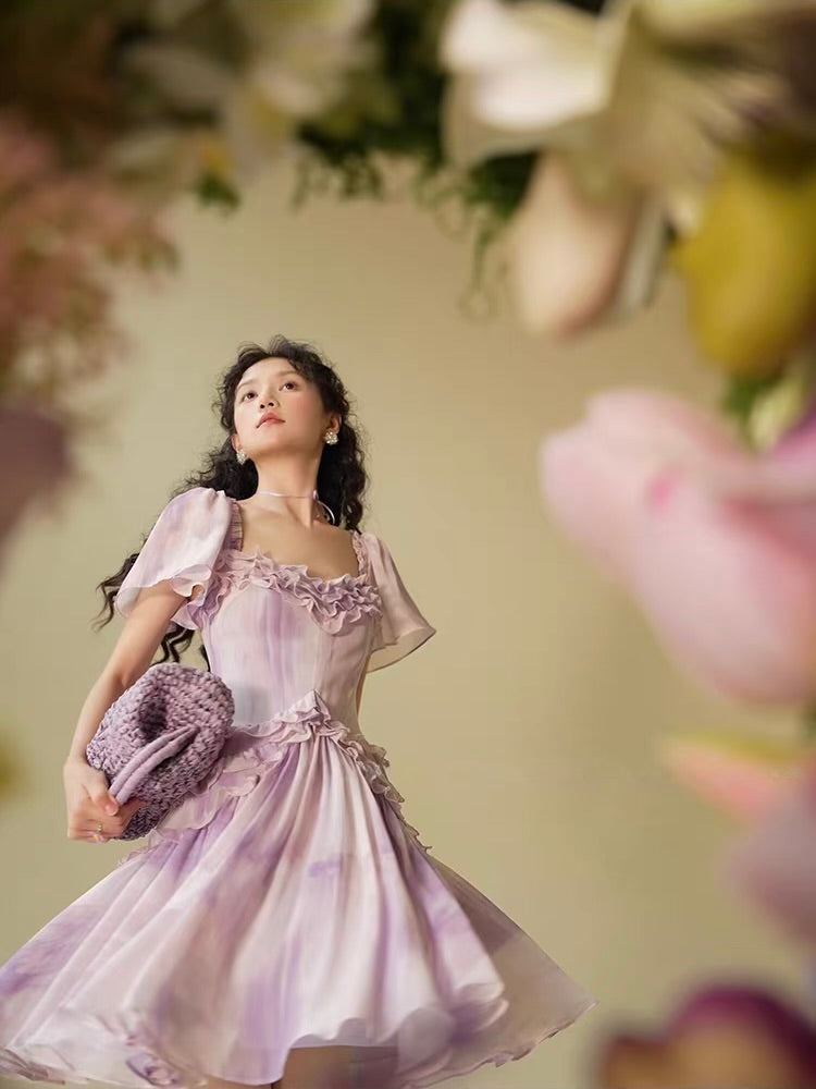 'Endless Wisteria' — lilac watercolour chiffon mini dress, ruffle sweetheart neckline & flutter sleeves | ÀMonBelAmour