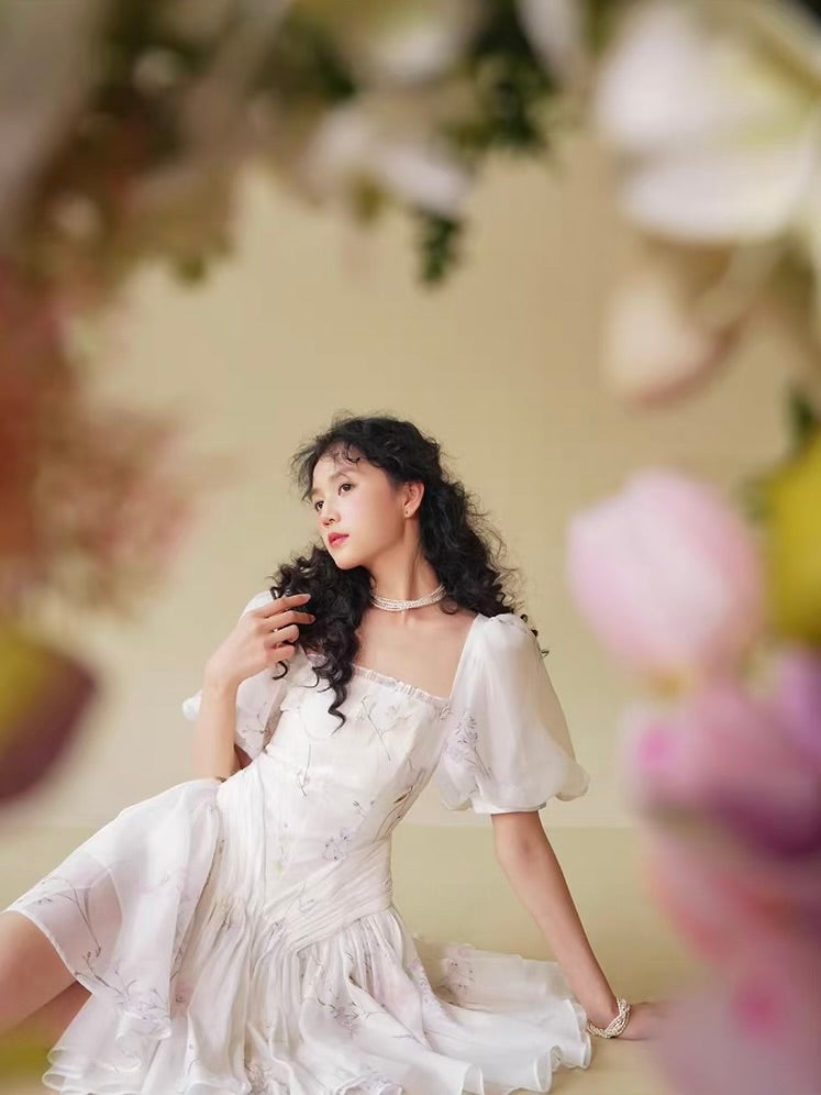 'Gardenia Dawn' — ivory floral-print puff-sleeve mini dress, square neckline with shirred waist | ÀMonBelAmour