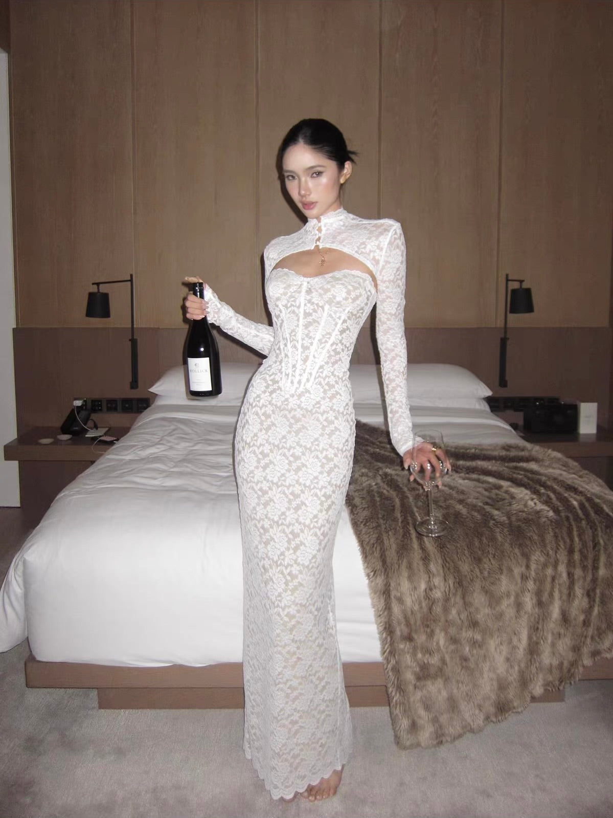 'Caroline' — white floral lace corset dress & bolero set, sweetheart neckline with fishtail hem | ÀMonBelAmour