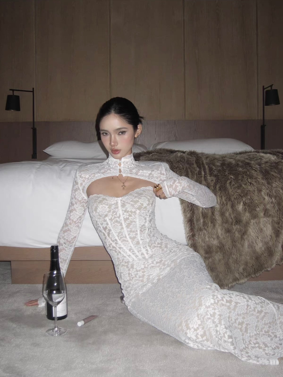 'Caroline' — white floral lace corset dress & bolero set, sweetheart neckline with fishtail hem | ÀMonBelAmour