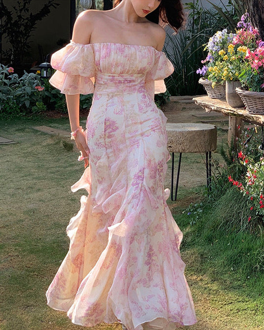 Neverland Dress — Blush Pink Organza Woodland Print Gown, Off Shoulder Puff Sleeve with Fishtail Ruffle Skirt | ÀMonBelAmour