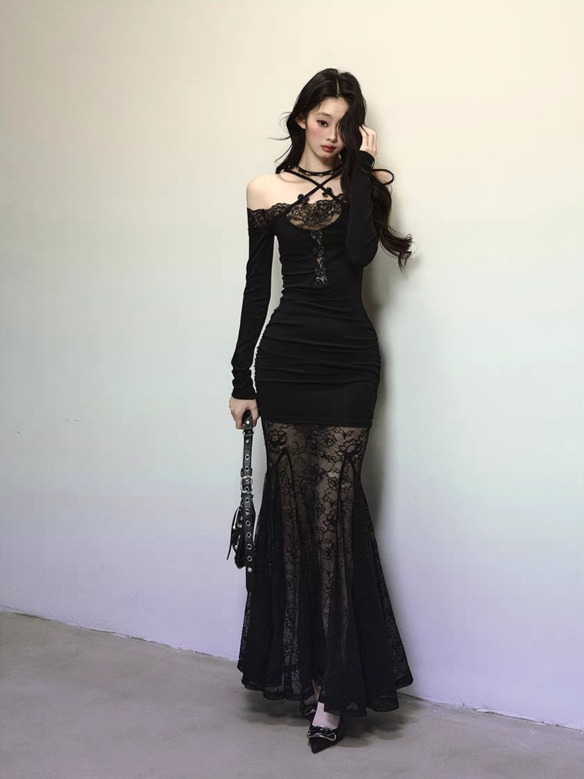 Gothic Black Lace Mermaid Evening Dress | Dark Romance Fall/Winter Formal Wear MonBelAmour Gothic Black Lace Mermaid Evening Dress | Dark Romance Fall/Winter Formal Wear MonBelAmour