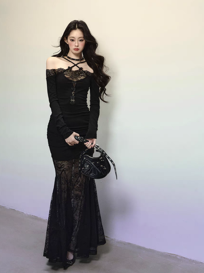 Gothic Black Lace Mermaid Evening Dress | Dark Romance Fall/Winter Formal Wear MonBelAmour Gothic Black Lace Mermaid Evening Dress | Dark Romance Fall/Winter Formal Wear MonBelAmour