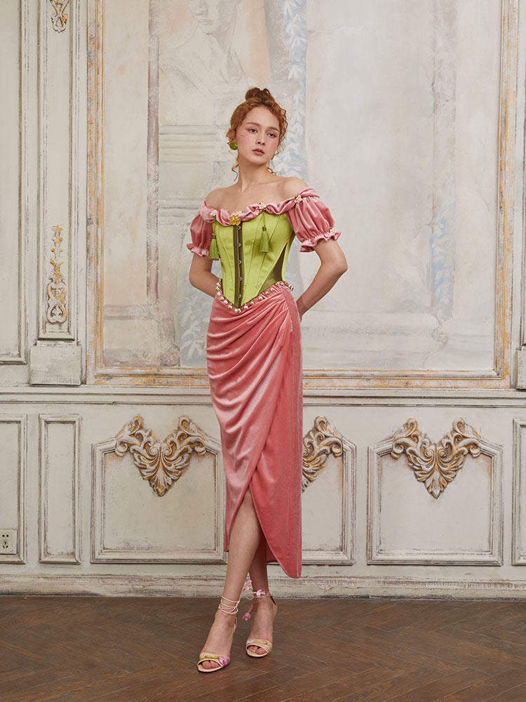 Rhododendron Emerald Corset & Blush Skirt — pearlescent green satin corset, tulip velvet skirt | ÀMonBelAmour