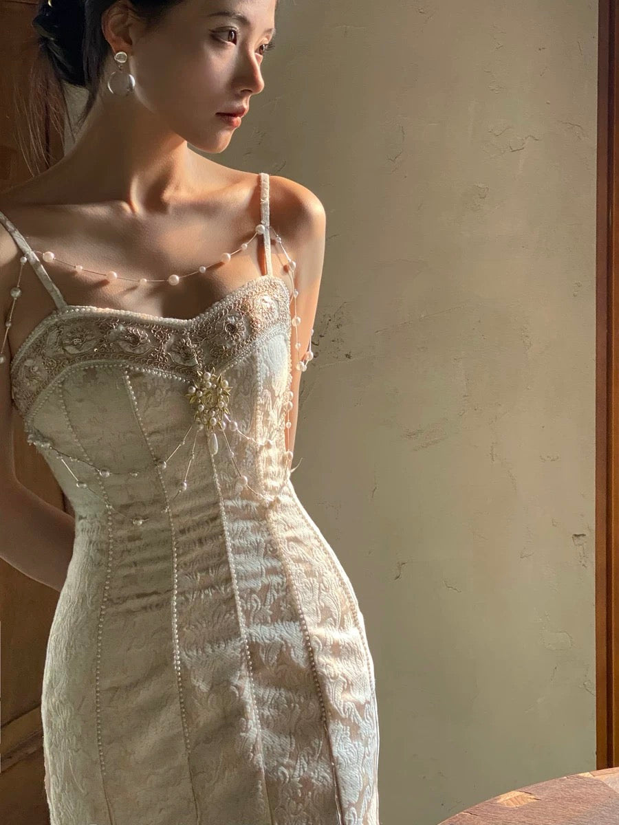 Sybil Baroque Mermaid Dress — champagne gold silk fishtail gown, 3D floral pearl brooch & bead curtain | ÀMonBelAmour