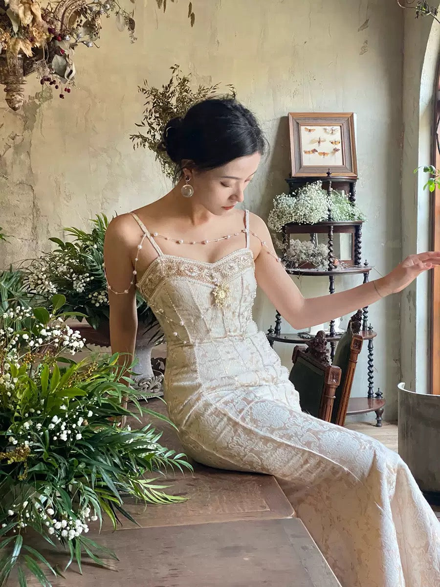 mermaid pearl dress Pearl Beaded Corset Mermaid Wedding Dress with Tulle Sleeves 20 / Dress